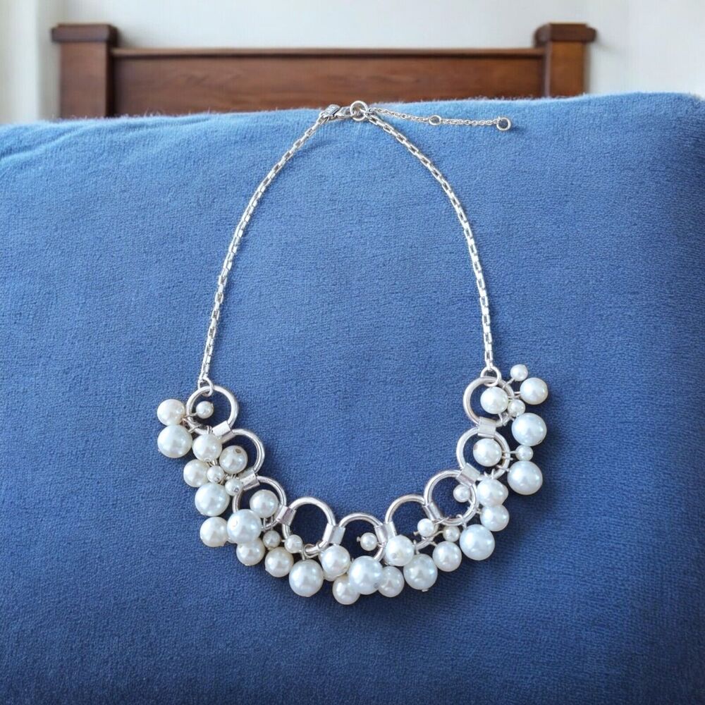 BR Necklace Faux Pearl Cluster Silver Tone Chain 18" - 20"